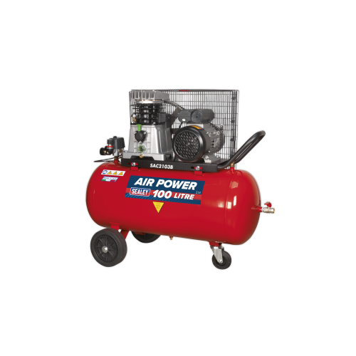 Sealey SAC2103B Air Compressor 100L Belt Drive 3hp with Cast Cylinders & Wheels